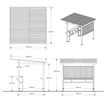 Technische Zeichnung eines Gartenhauses mit Abmessungen.
