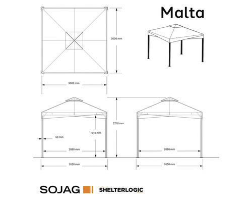 Technische Zeichnung des Malta Pavillons mit Maßangaben