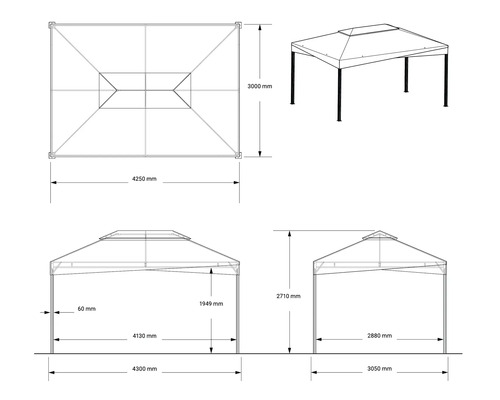 Technische Zeichnung eines Pavillons mit Maßangaben