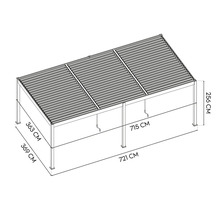 Technische Zeichnung einer freistehenden Pergola mit den Massangaben 721 cm, 369 cm, 363 cm, 715 cm und 256 cm.