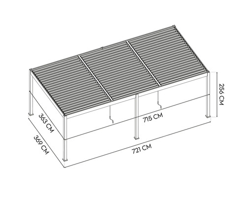 Technische Zeichnung einer freistehenden Pergola mit den Massangaben 721 cm, 369 cm, 363 cm, 715 cm und 256 cm.