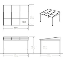 Technische Zeichnung einer Terrassenüberdachung mit Maßangaben