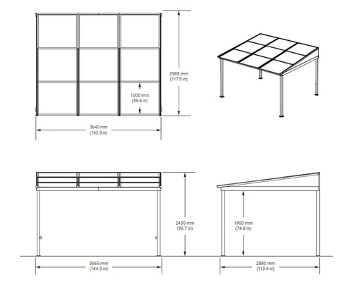 Technische Zeichnung einer Terrassenüberdachung mit Maßangaben