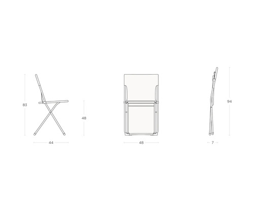 Technische Zeichnung eines Klappstuhls mit Maßangaben