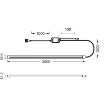 Maßzeichnung einer LED Leiste mit 3000 Millimeter Länge, 19,5 Millimeter Breite und 12,2 Millimeter Höhe sowie Angaben zur Verkabelung.