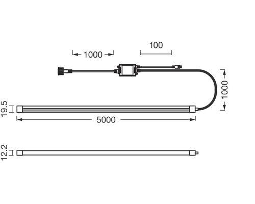 Maßzeichnung Lichtleiste: Länge 5000 Millimeter, Breite 19,5 Millimeter, Höhe 12,2 Millimeter, Kabellänge 1000 Millimeter.