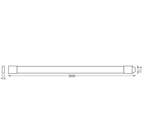 Technische Zeichnung einer Leiste mit den Maßen 3000 Millimeter Länge, 11,5 Millimeter Höhe und 4,5 Millimeter Tiefe.