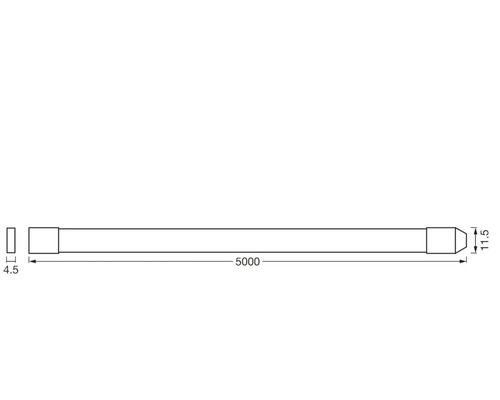 Maßzeichnung eines flachen LED-Streifens mit den Abmessungen 5000 Millimeter Länge, 11,5 Millimeter Breite und 4,5 Millimeter Tiefe.