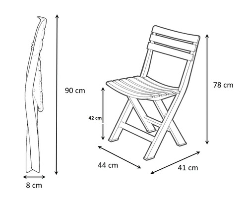 Technische Zeichnung eines Klappstuhls mit Maßangaben