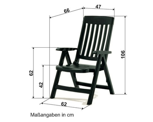 Abbildung eines Gartenstuhls mit Maßangaben in Zentimetern