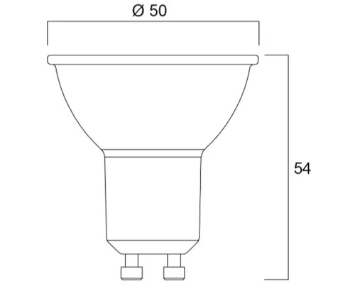 Maßzeichnung eines GU10 Leuchtmittels mit einem Durchmesser von 50 Millimeter und einer Höhe von 54 Millimeter.
