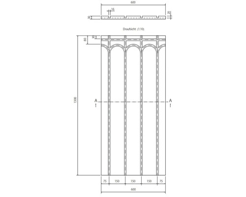 Technische Zeichnung einer Dekorplatte mit den Maßen 600 x 1300 Millimeter
