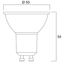 Maßzeichnung eines GU10 Leuchtmittels mit einem Durchmesser von 50 Millimeter und einer Höhe von 54 Millimeter.