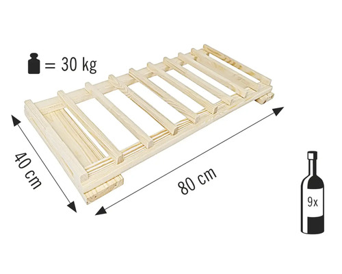 Weinregal aus Holz für neun Flaschen, 80 mal 40 Zentimeter, belastbar bis 30 Kilogramm
