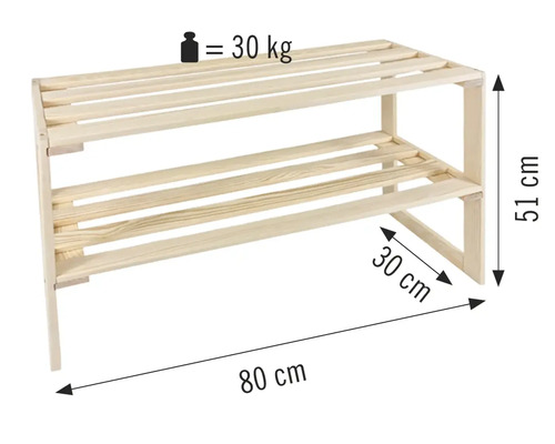 Schuhregal aus Holz mit zwei Ablagen, Maße 80 cm x 30 cm x 51 cm, maximale Traglast 30 kg