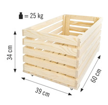 Holzkiste mit den Maßen 34 cm Höhe, 39 cm Breite und 60 cm Länge, maximale Belastung 25 kg