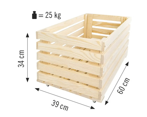 Holzkiste mit den Maßen 34 cm Höhe, 39 cm Breite und 60 cm Länge, maximale Belastung 25 kg
