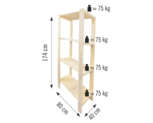 Regal aus Holz mit vier Ablageflächen und Maßangaben zu Höhe, Breite und Tiefe