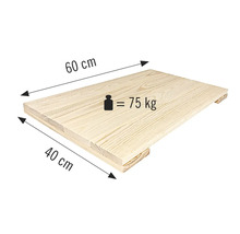 Holzplatte mit den Maßen 60 Zentimeter mal 40 Zentimeter und einer Traglast von 75 Kilogramm