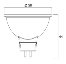 Maßzeichnung eines Leuchtmittels mit einem Durchmesser von 50 Millimeter und einer Höhe von 44 Millimeter.