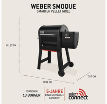 Weber Smoque Pelletgrill mit den Maßen Höhe 113 cm, Breite 98 cm und Tiefe 57 cm.