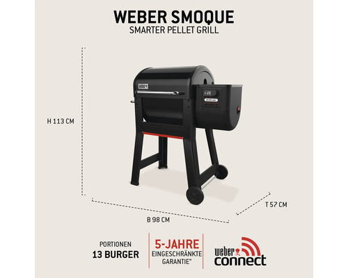 Weber Smoque Pelletgrill mit den Maßen Höhe 113 cm, Breite 98 cm und Tiefe 57 cm.