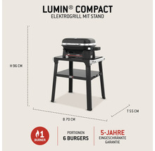 Weber Lumin Compact Elektrogrill mit Stand, Höhe 96 Zentimeter, Breite 70 Zentimeter, Tiefe 55 Zentimeter, geeignet für sechs Burger, fünf Jahre eingeschränkte Garantie, ein Brenner.
