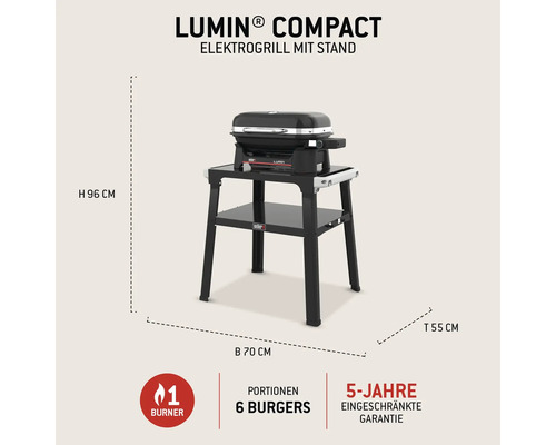 Weber Lumin Compact Elektrogrill mit Stand, Höhe 96 Zentimeter, Breite 70 Zentimeter, Tiefe 55 Zentimeter, geeignet für sechs Burger, fünf Jahre eingeschränkte Garantie, ein Brenner.