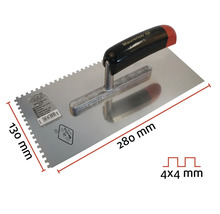 Zahnspachtel mit den Maßen 280 mal 130 Millimeter und einer Zahnung von 4 mal 4 Millimeter.