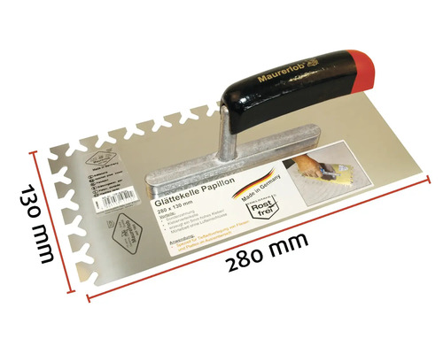 Glättekelle Papillon mit Zahnung, Abmessungen 280 x 130 Millimeter