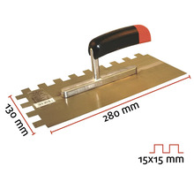 Zahnspachtel mit einer Größe von 280 mal 130 Millimeter und einer Zahnung von 15 mal 15 Millimeter.