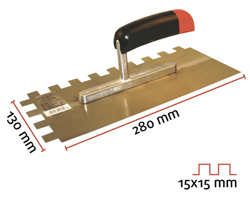 Zahnspachtel mit einer Größe von 280 mal 130 Millimeter und einer Zahnung von 15 mal 15 Millimeter.