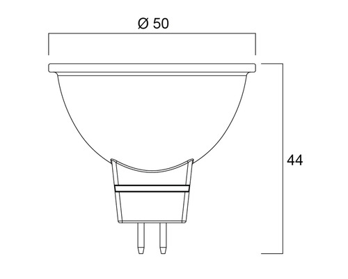 Maßzeichnung eines Leuchtmittels mit einem Durchmesser von 50 Millimeter und einer Höhe von 44 Millimeter.
