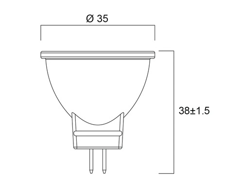 Technische Zeichnung eines Leuchtmittels mit einem Durchmesser von 35 Millimetern und einer Höhe von 38 plus minus 1,5 Millimetern.