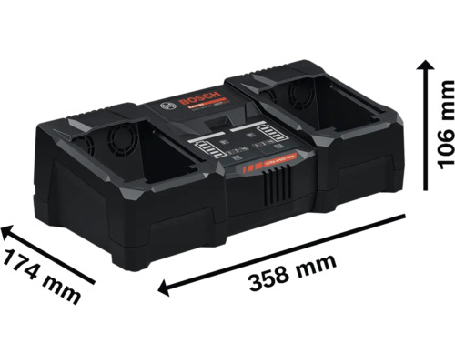 Bosch Expert Akku Doppelladegerät mit den Maßen 358 mm x 174 mm x 106 mm