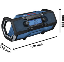 Bosch Baustellenradio mit den Maßen 348 mm Länge, 176 mm Breite und 154 mm Höhe.