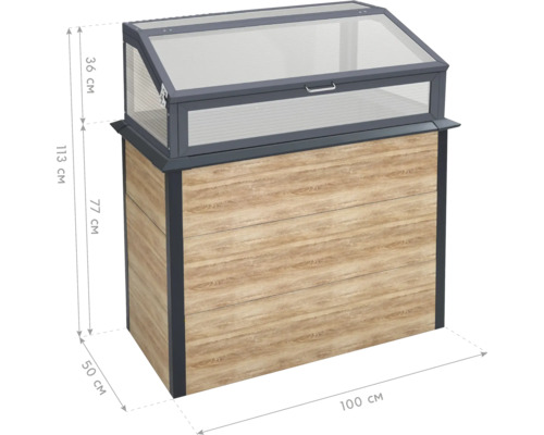 Frühbeet mit Holzoptik und Maßangaben