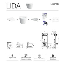 Laufen Lida Wand-Tiefspül-WC-Set mit Montageelement und Betätigungsplatte, technische Zeichnungen und Symbole