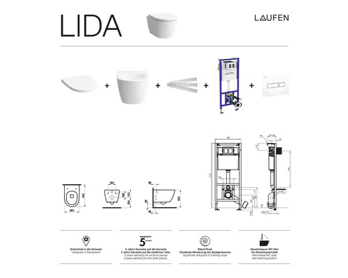 Laufen Lida Wand-Tiefspül-WC-Set mit Montageelement und Betätigungsplatte, technische Zeichnungen und Symbole