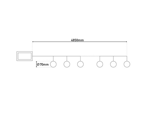 Technische Zeichnung einer Leuchte mit den Maßen 4850 mm Länge und 70 mm Durchmesser.