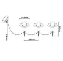 Abbildung einer Solarleuchtenkette mit Blumendesign und den Maßen 100 mm Durchmesser, 200 mm Höhe und 500 mm Abstand.
