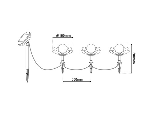 Abbildung einer Solarleuchtenkette mit Blumendesign und den Maßen 100 mm Durchmesser, 200 mm Höhe und 500 mm Abstand.
