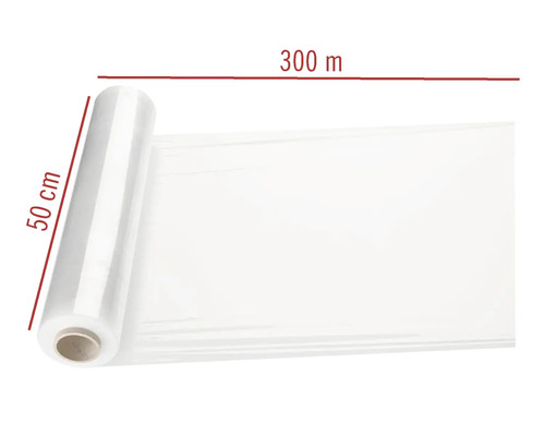 Rolle mit transparenter Stretchfolie, 50 Zentimeter breit und 300 Meter lang, zur Ladungssicherung.