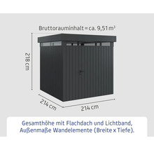 Metall Gerätehaus mit Flachdach und Lichtband, Außenmaße 214 x 214 x 218 cm