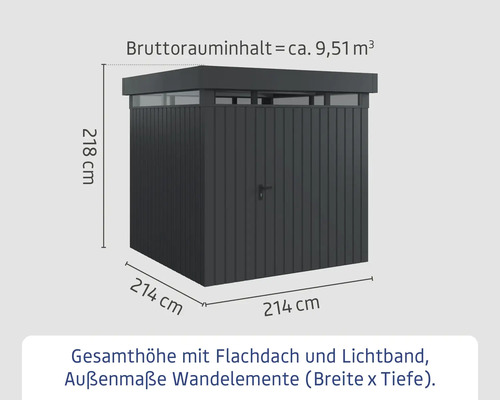Metall Gerätehaus mit Flachdach und Lichtband, Außenmaße 214 x 214 x 218 cm