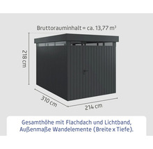 Gartenhaus mit Flachdach, Lichtband und den Maßen 310 x 214 x 218 Zentimeter