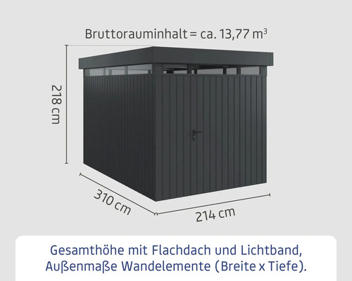Gartenhaus mit Flachdach, Lichtband und den Maßen 310 x 214 x 218 Zentimeter
