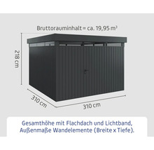 Abmessungen Gerätehaus inklusive Flachdach und Lichtband: 310 mal 310 mal 218 Zentimeter, Bruttorauminhalt circa 19,95 Kubikmeter