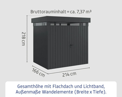 Abmessungen eines Geräteschuppens mit Flachdach und Lichtband