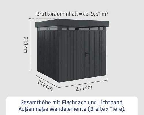 Metall Gerätehaus mit Flachdach, Lichtband und den Maßen 214 x 214 x 218 cm